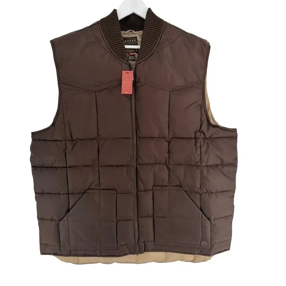 Roper Men's Brown Poly-filled Quilted Logo Zip Western Vest Size 3XL